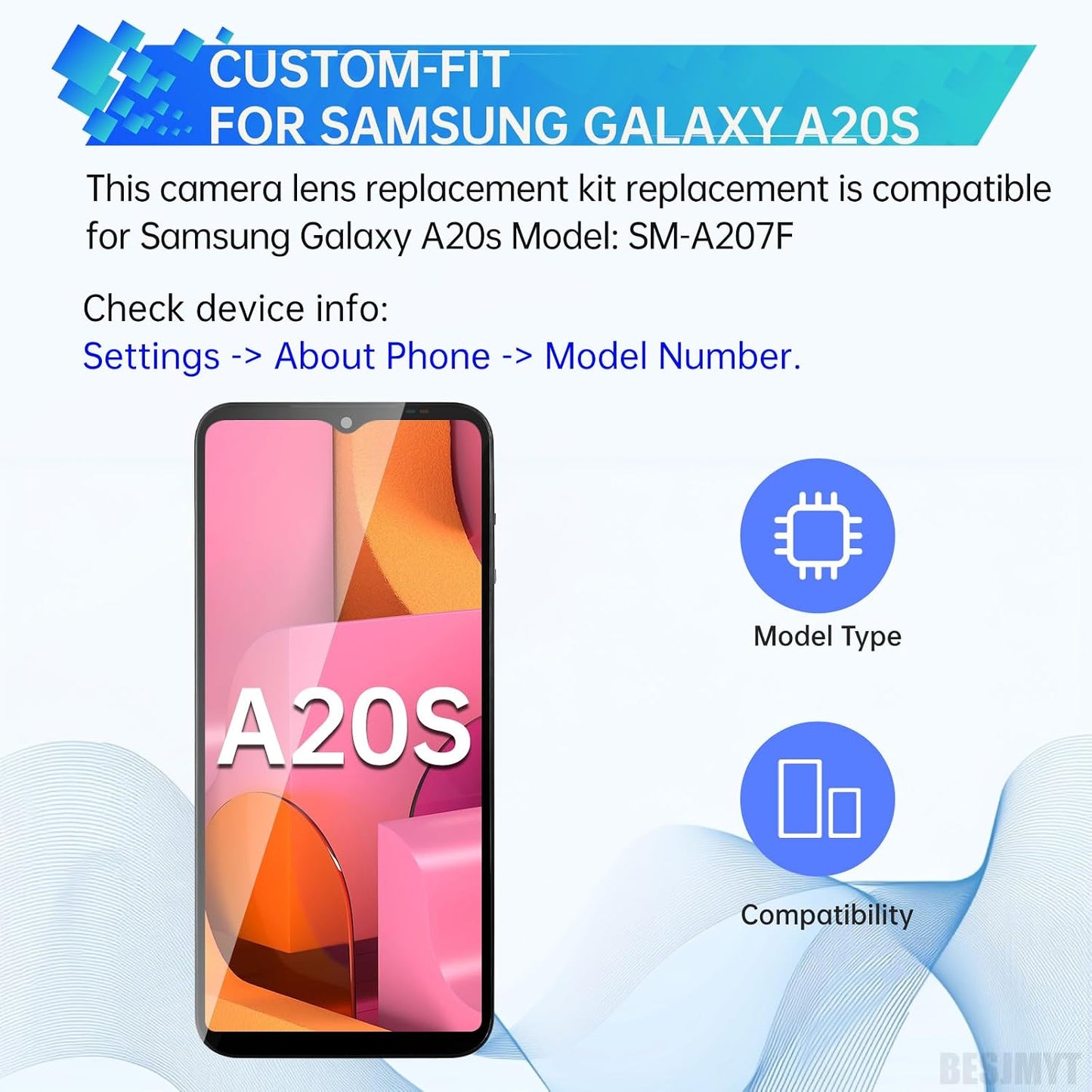 2 Pack A20s A20s SM-A207F for Samsung Galaxy Rear Camera Lens Replacement Adhesive Back Camera Glass Lens with Full Fix