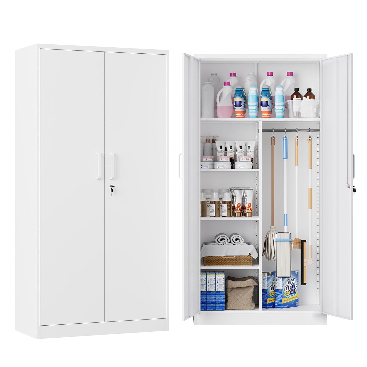LISSIMO Broom Closet with Lock, Metal Storage Cabinet 36" Wide, 5-Tier Steel Utility Cabinet with Hanging Rod & Doors for Garage, Laundry Room, Warehouse Storage