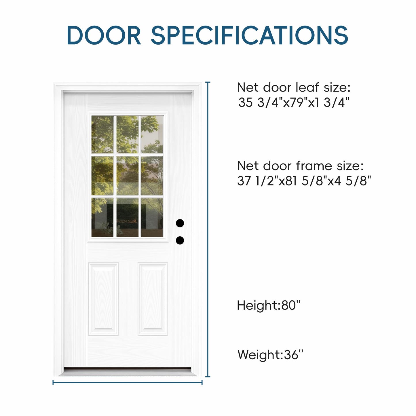 Casaphoria 36" x 80" Fiberglass Entry Door with 4-9/16" Vinyl Frame,Left Hand Inswing Exterior Door with Brickmould, 9- Lite Low-E Glass Primed Knock-Down Front Door for Home Entrance, White
