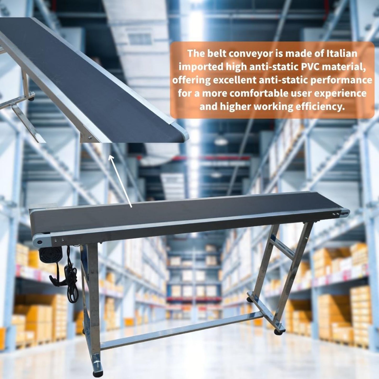 Yokoma Power Slider Bed PVC Belted Conveyor 59inch*7.8inch Stainless Steel Flat Conveyor Belt Systems Adjustable Speed 60W 110V Black