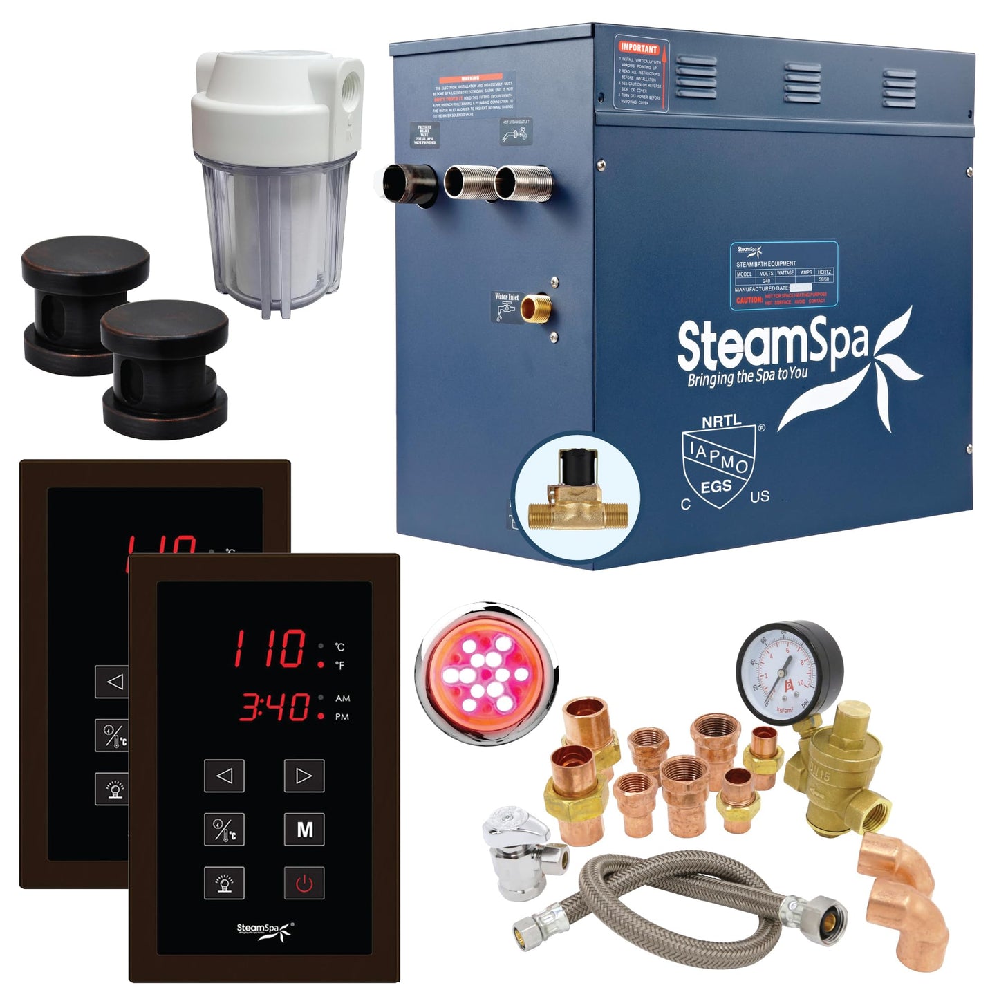 SteamSpa Executive 12 KW QuickStart ACU-Steam Bath Generator Package with Built-in Auto Drain in Oil Rubbed Bronze | Steam Generator Kit with Dual Control Panel Steamheads 240V | SS-EXT1200OB-A