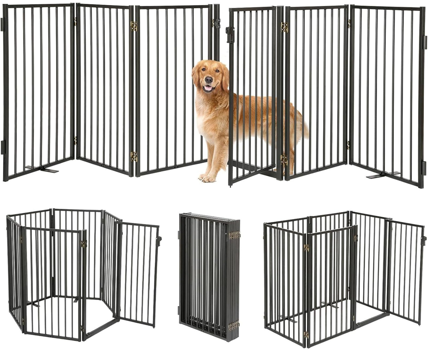 Metal Freestanding Dog Gates with Door for Outdoor Indoor,120'' Extra Wide 36'' Tall Free Standing Dog Gate for Doorways,Large Openings,Deck,Yard,Porch,Foldable Safety Pet Fence(Black,6 Panels)