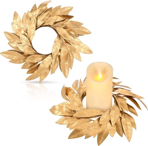 Domensi Gold Bay Leaf Candle Rings - 2 Pcs Rustic Wreath Holders for 3.9 Inch Pillar Candles
