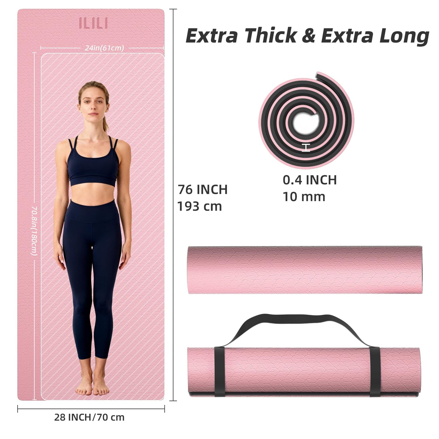 ILILI Yoga Mat 10mm Extra Thick and 193cm Extra Long, 76x28×0.4 Inch, Double Color Non-Slip TPE Material, Easy Carrying with Strap, Ideal for Yoga, Pilates, Floor Exercise, Home and Outdoor Use, Eco Friendly