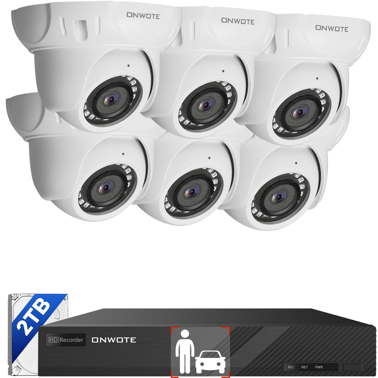ONWOTE 8 Channel 4K NVR PoE Security Camera System, 6X 8MP Wired Outdoor IP Cameras, 125° FoV, AI Human Vehicle Detection, 8CH NVR 2TB Record Video Audio, CCTV Surveillance Kit for Home Businesses