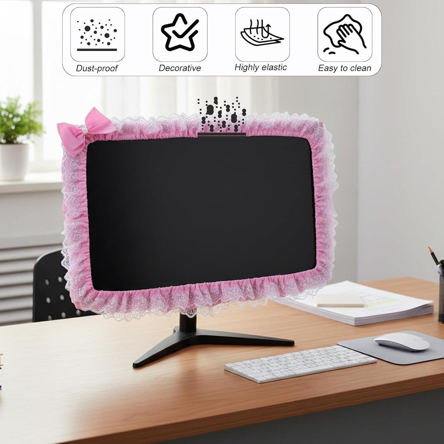 Apojgitn Cute Lace Monitor Cover, Pink Kawaii Desk Accessories for Computer Monitor Decor, Elastic Screen Dust Cover