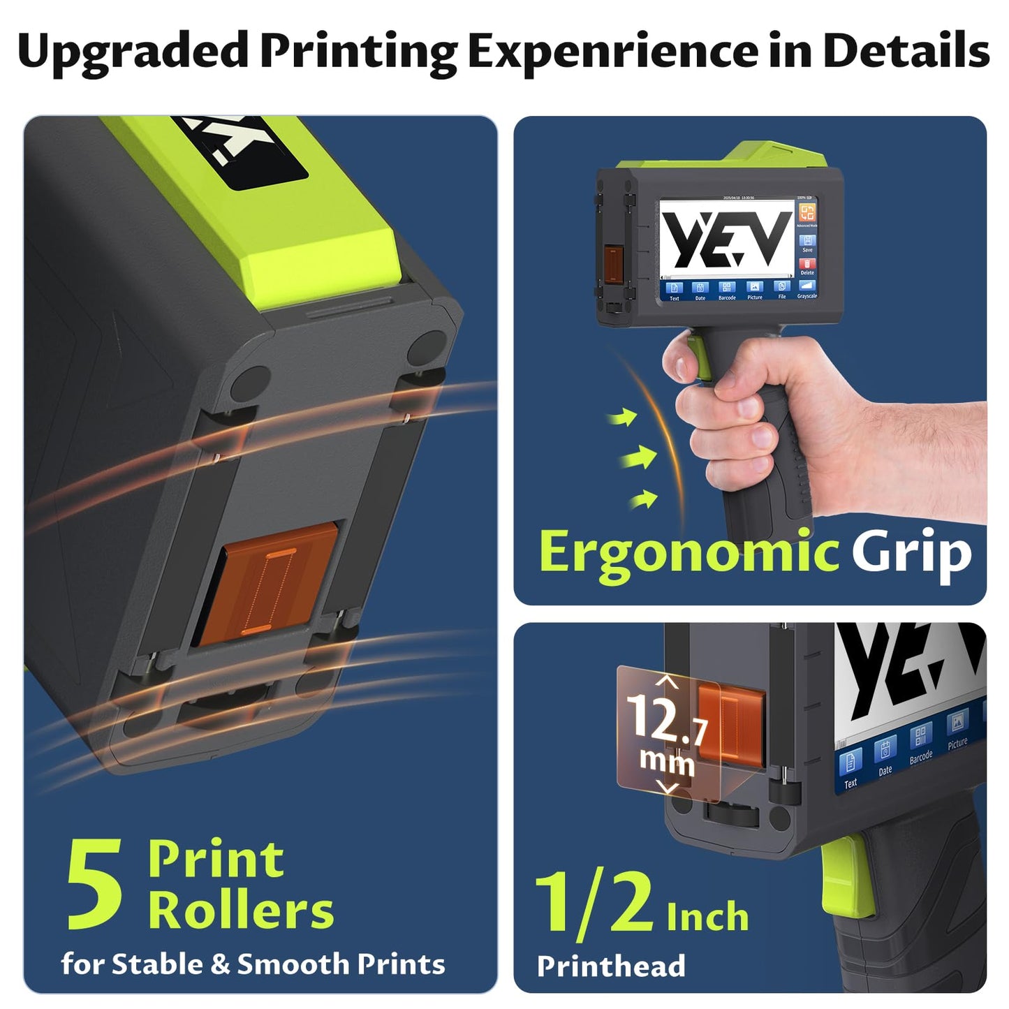 YEV Handheld Inkiet Printer V127 Newly Enhanced 16-Hour Continuous Printing 5 Wheel Support for Printing Batch Numbers, Logos, Serial Numbers, Barcodes, and QR Codes on Diverse Materials (Green)