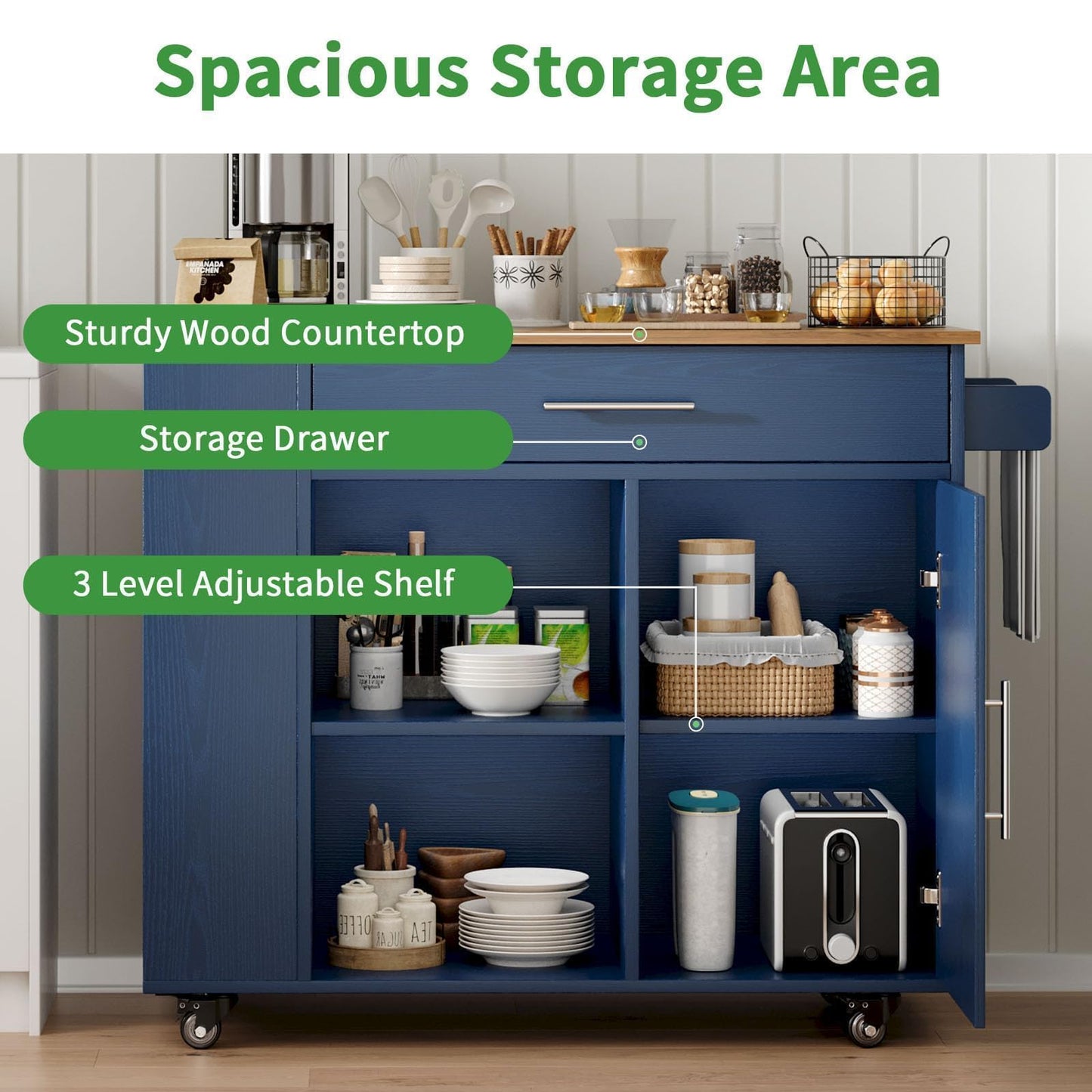 4 EVER WINNER Navy Blue Rolling Kitchen Island with Storage for Small Kitchen, 39" Farmhouse Kitchen Island Cart on Wheels with Drawer, 3-Tier Spice Rack, Open Shelves & Towel Rack for Apartment