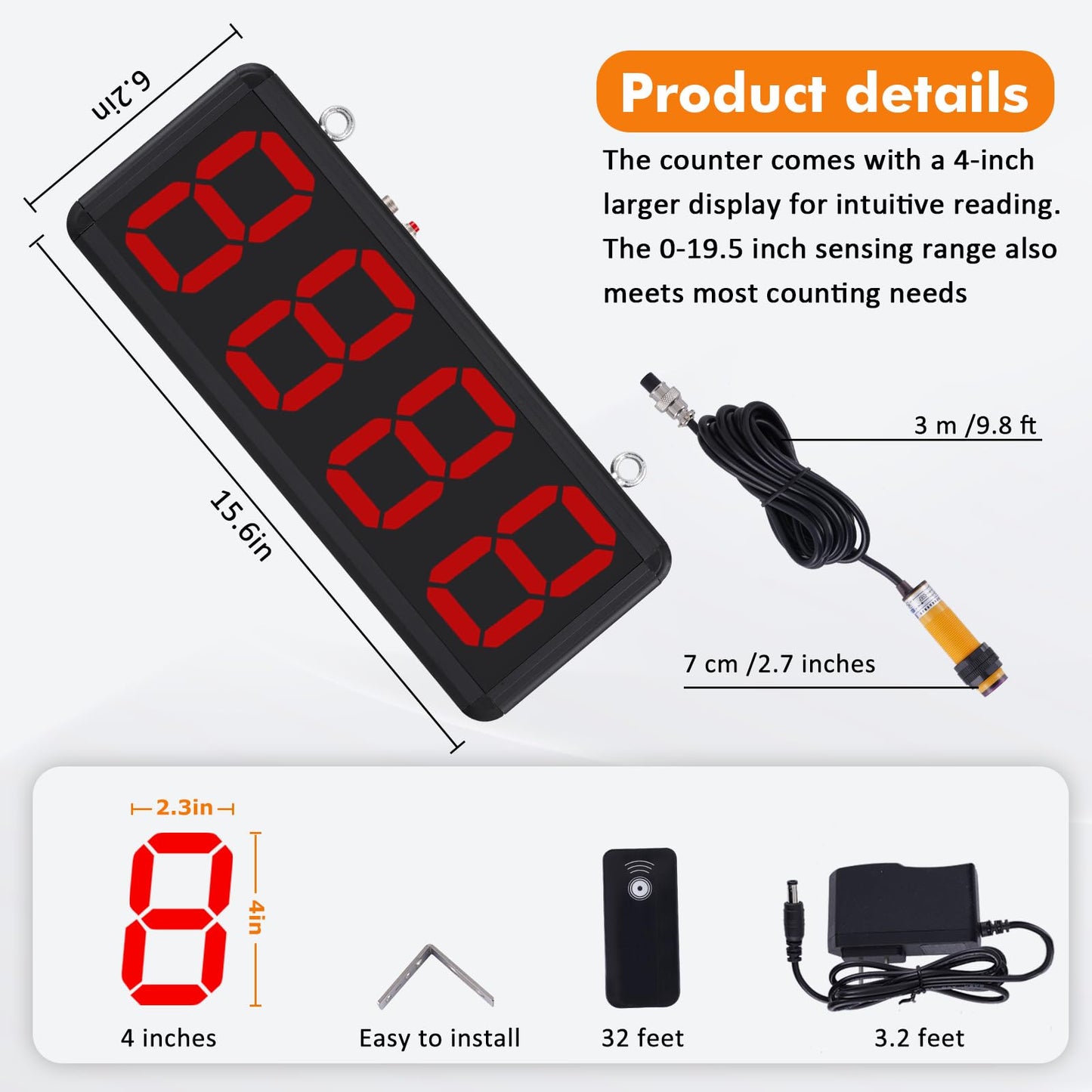 JIAWANSHUN Digital Counter 4-inch Large LED Display Counts Up to 9999 Infrared Sensor Counter for Conveyor Belts Automatic Counting Input AC100-240V Output DC12V