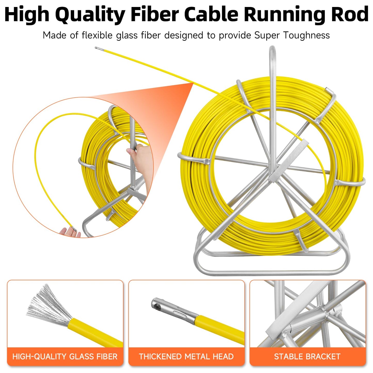 Teodute Fish Tape Fiberglass, 500FT, 1/4in, Duct Rodder Fish Tape Wire Puller, Electrical Fish Tape Cable Running Rod with Steel Reel Stand, Fishing Tools for Walls & Electrical Conduit