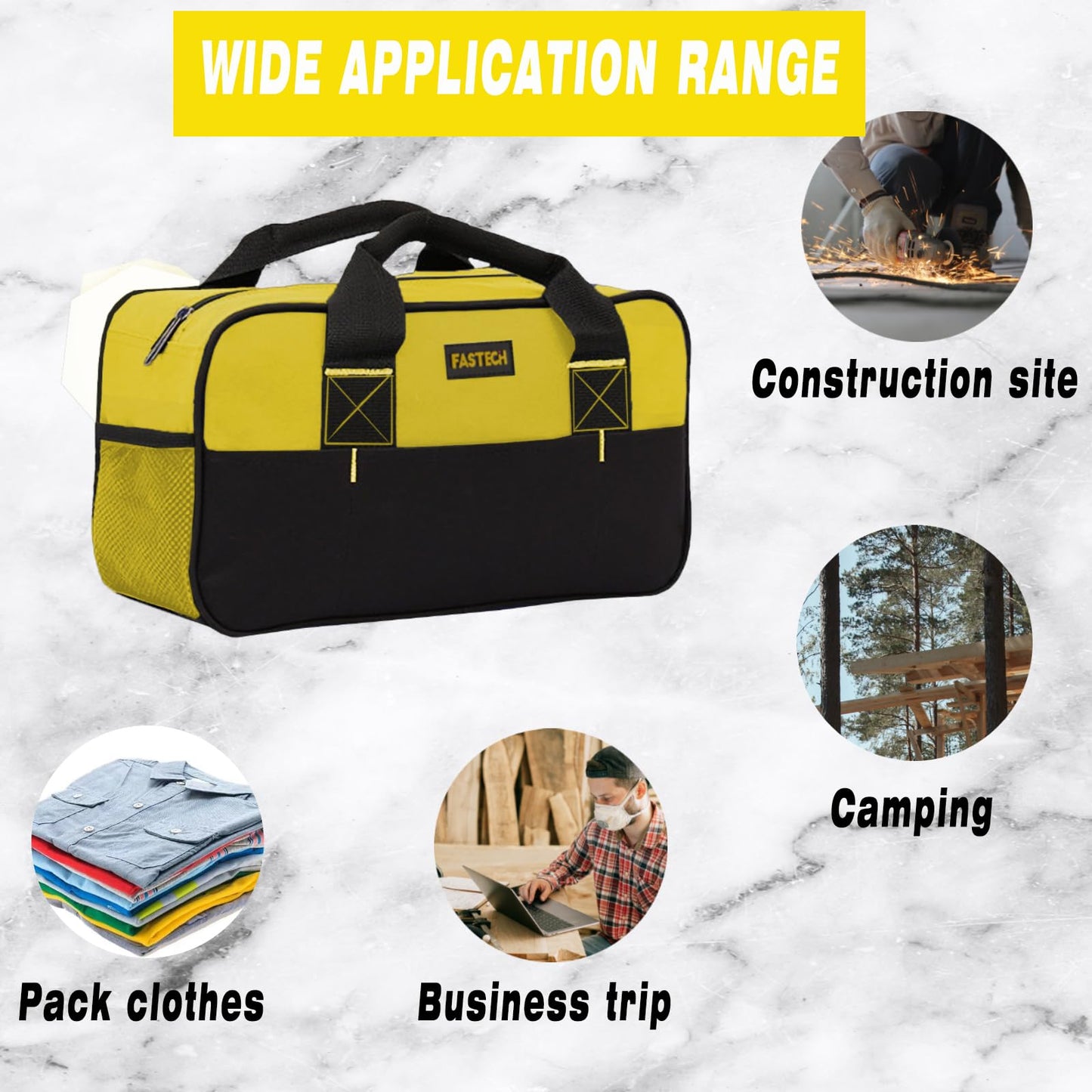 FASTECH 14 Inch Zipper Tool Bag, Small Wide Mouth Tool Tote Bag, Waterproof Tool Organizer Tote, Soft Handle Carrying Toolbag For Various Tools (Yellow)