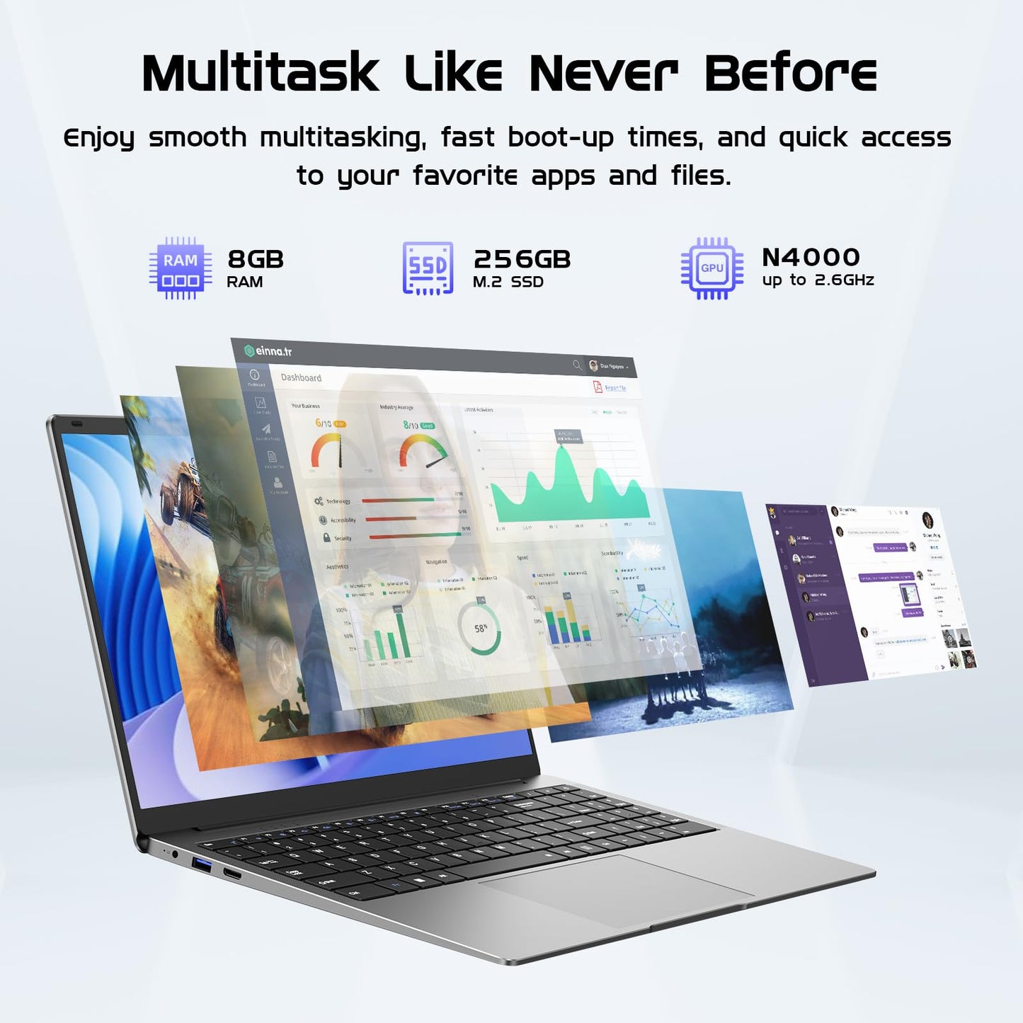 HYPERSTRIX Laptop Computer 15.6" Win11 Pro Laptops 8GB RAM 256GB SSD,Ms Office 365, 100% sRGB Screen, N4000 Processor, Notebook, Dual Band WiFi5, BT4.2, USB-A, HDMI,FHD 1920 * 1080 Display,Silver