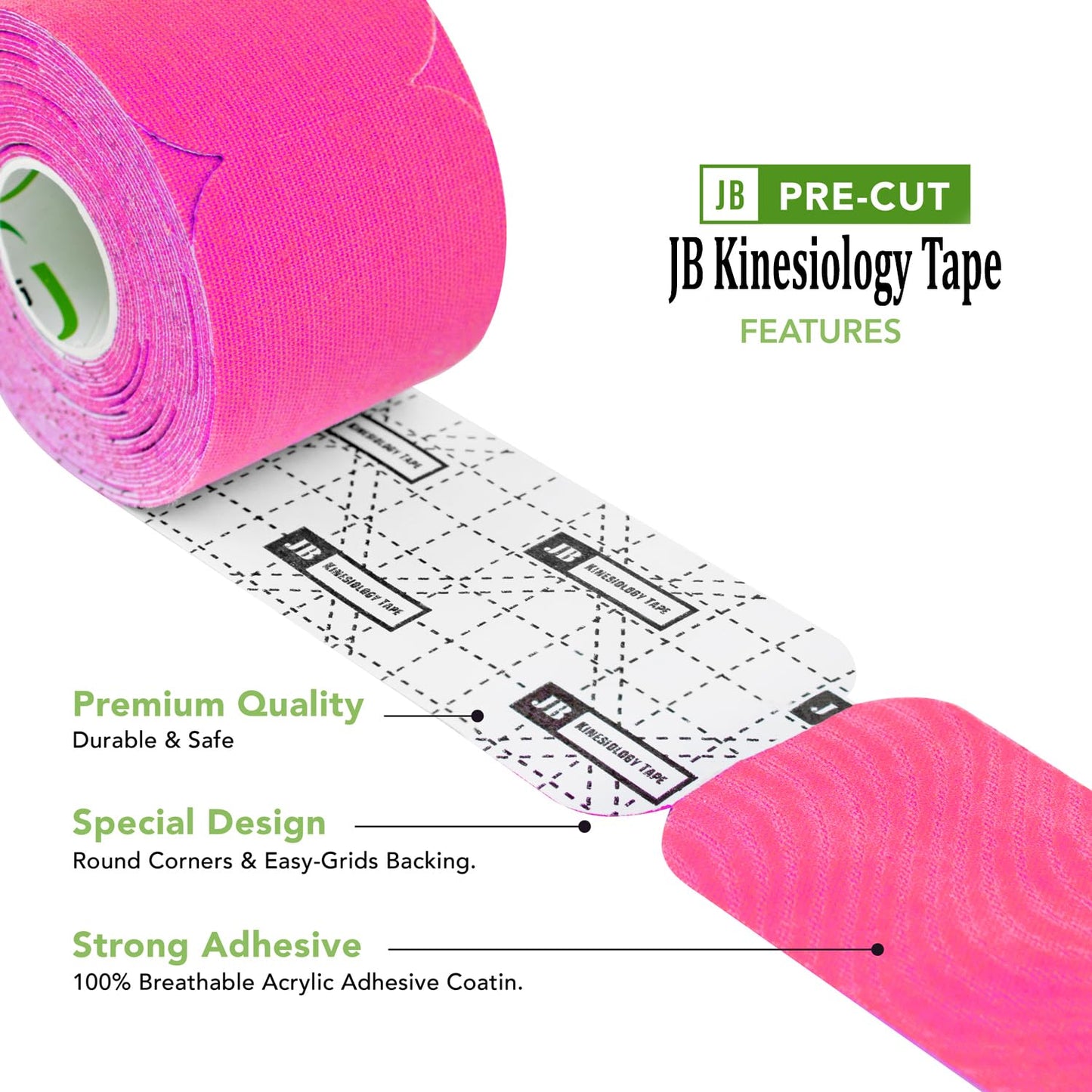 JB Tape Kinesiology Tape – 80 Precut 10-Inch Strips – Pink – Elastic, Latex-Free, Water Resistant – Athletic Muscle & Joint Support – 4 Rolls