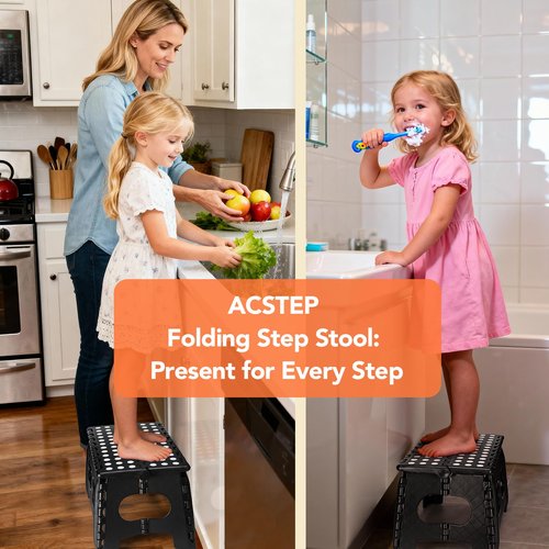 ACSTEP Foldable Step Stool for Kids and Adults,15-Inch Extra Wide 9-Inch Height (2 Pack) More Safe and Comfortable Holds Up to 300 lbs Folding Step Stool for Bathroom, Garden, Kitchen（Black）