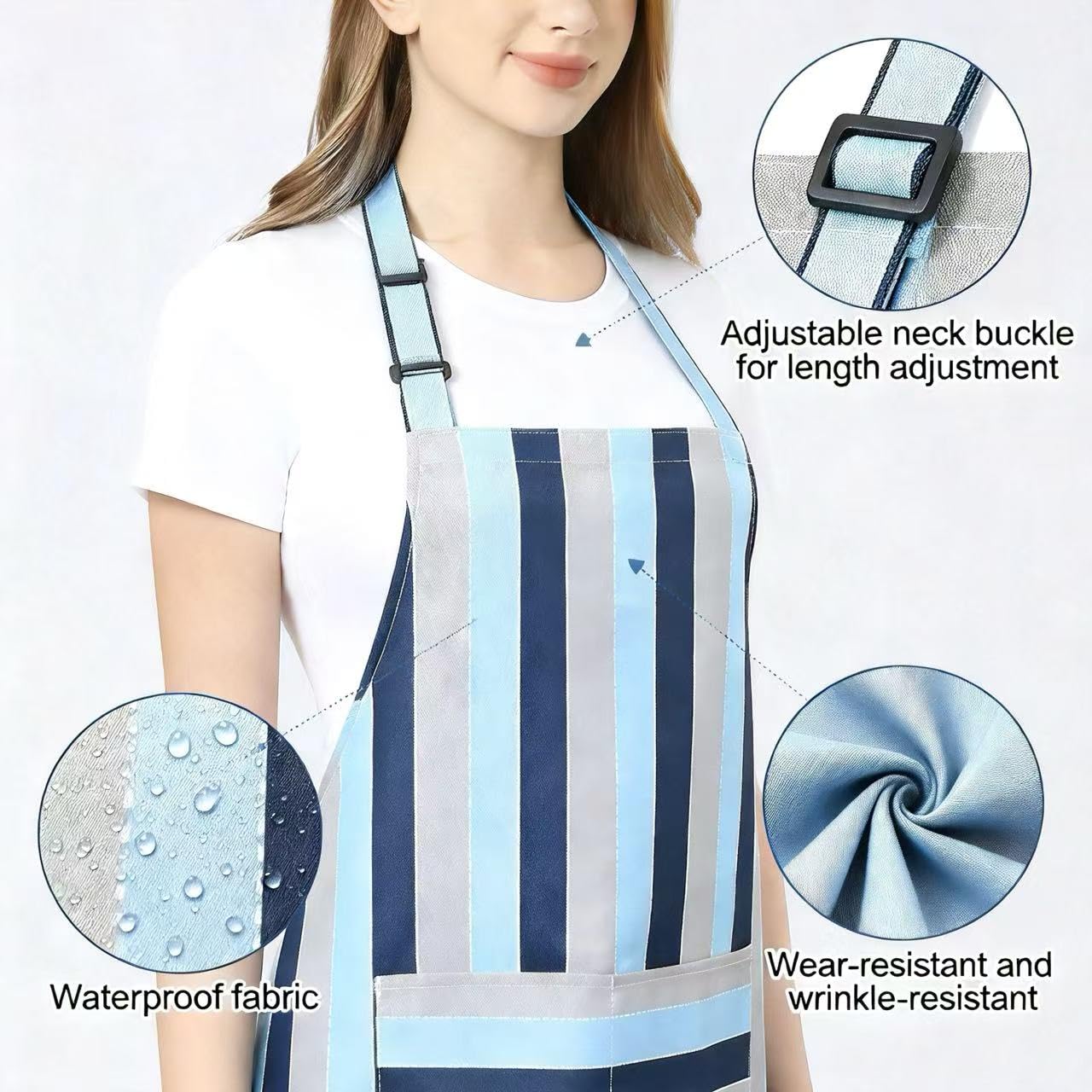 juningxin 2-piece kitchen aprons, adjustable neck strap waterproof aprons with pocket design, blue and pink striped chef aprons suitable for grilling, baking, and restaurant work