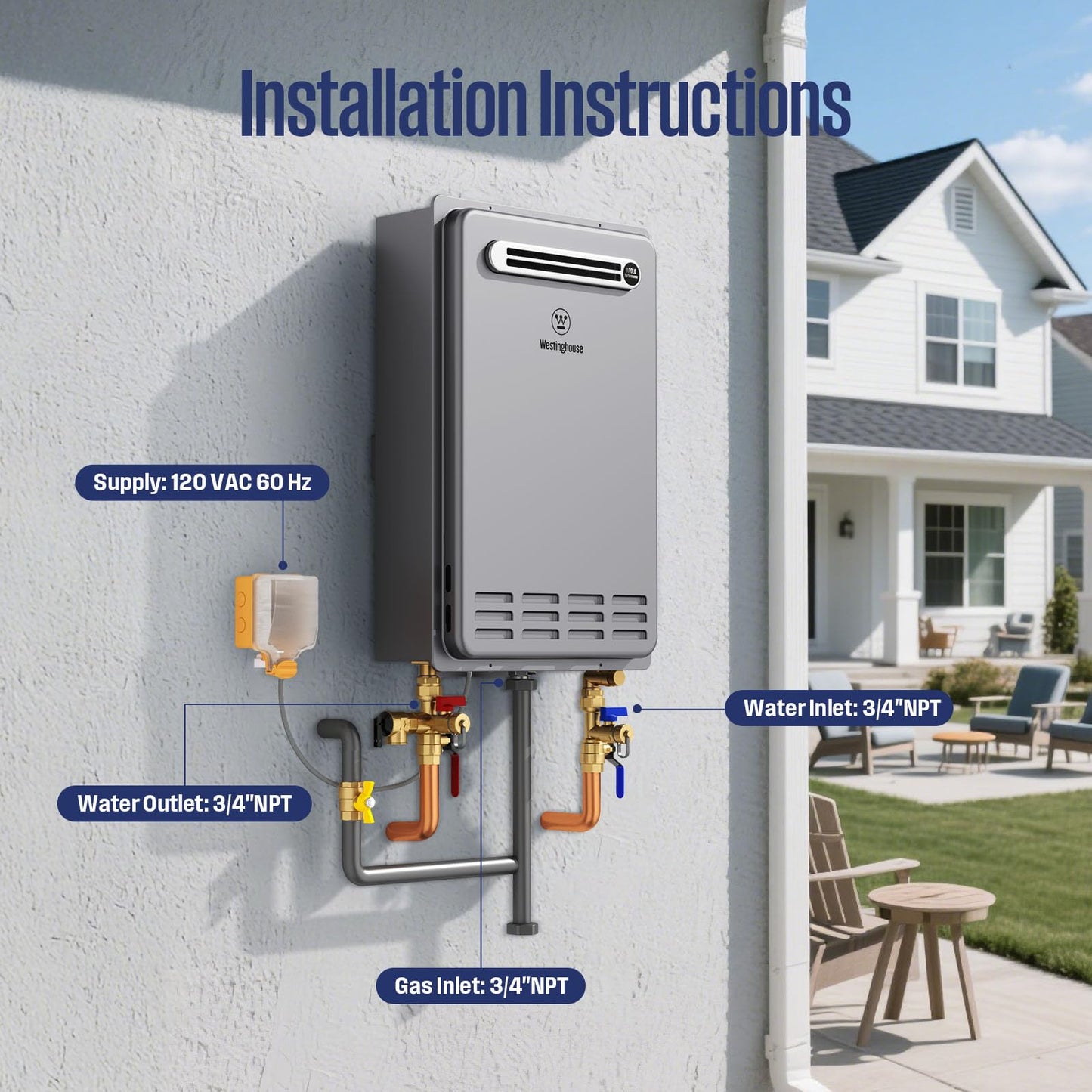 Westinghouse Smart Outdoor Natural Gas Tankless Water Heater, 5.1 GPM 120,000 BTU Whole Home Instant Hot Water Heater, ±1°F Temp Stability, Non-Condensing for 2-4 Fixtures