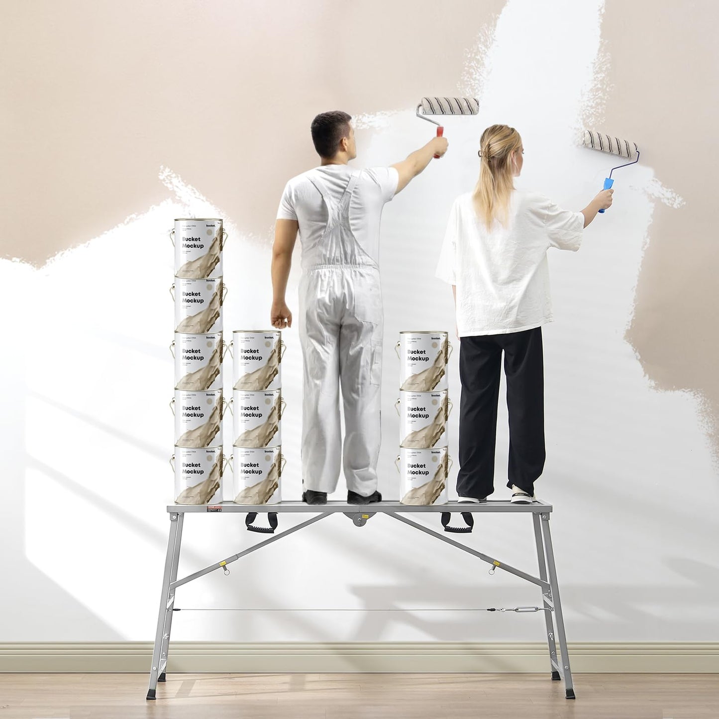 VEVOR Work Platform, 63"x 15" Portable Scaffolding Platform, Folding Steel Step Ladder Adjustable Height 31.5”-50.1”, 800 lbs Load Capacity, Non-Slip Drywall Painting Stool for Cleaning &Washing