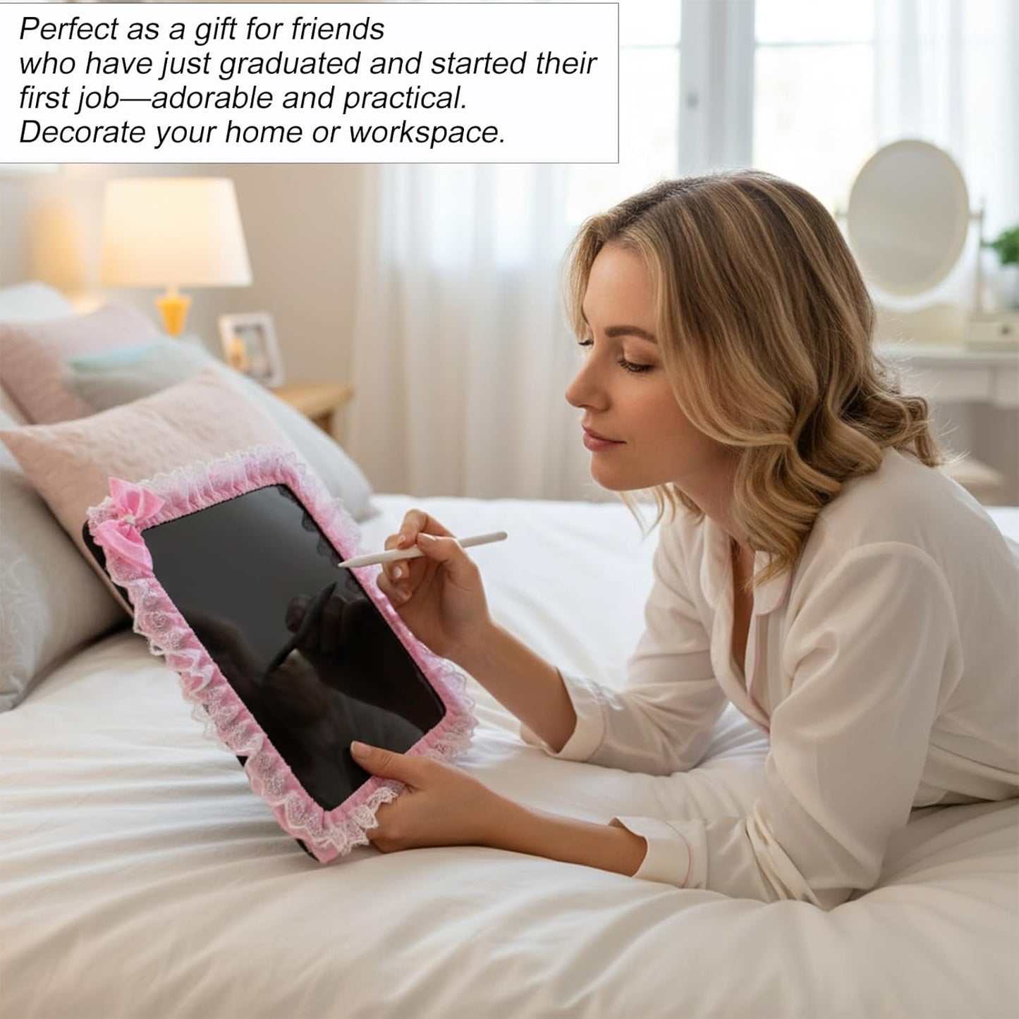 Apojgitn Cute Lace Monitor Cover, Pink Kawaii Desk Accessories for Computer Monitor Decor, Elastic Screen Dust Cover