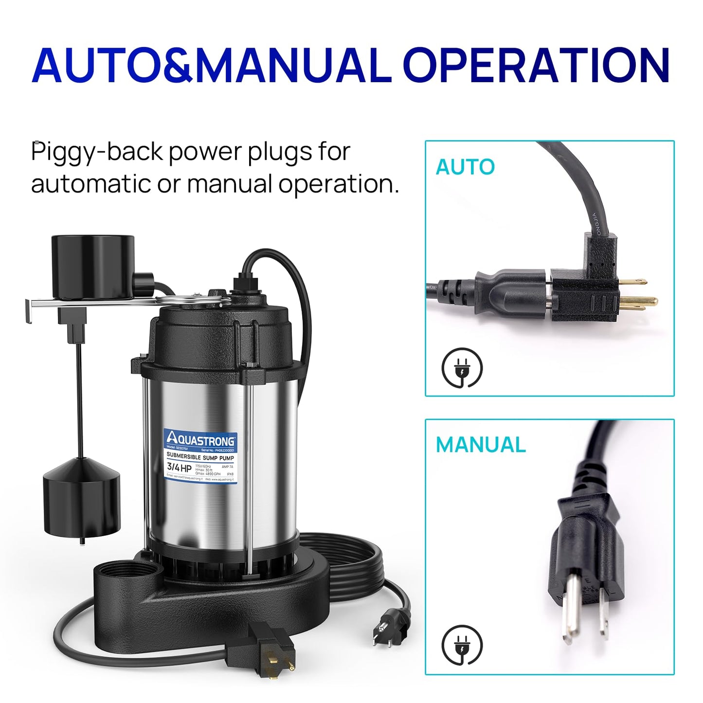 Aquastrong Sewage Grinder Pump, Cast Iron Effluent Pump, Auto Float Switch for Basement Sump Basin and Sewage Well, 2 inch Discharge, Stainless No Grinder with Piggy-back Plug
