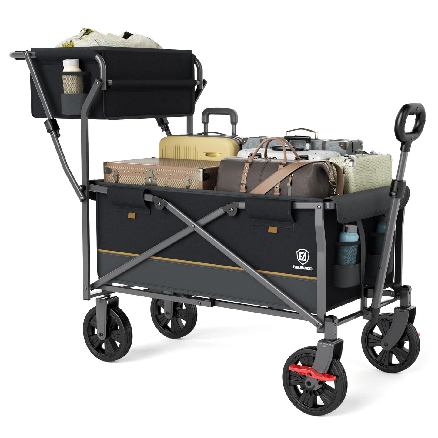 EVER ADVANCED Collapsible Push & Pull Shopping Cart with Wheels & Brakes, Foldable Wagon for Groceries with Practical Basket, Side Pockets & Cup Holders, Beach Utility Rolling Cart for Camping, Black