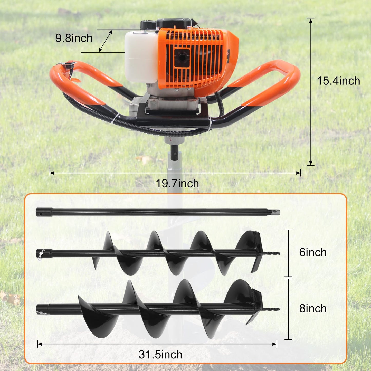 62CC Newly Upgraded Post Hole Digger Gas Powered, 2 Stroke Auger Post Hole Digger with 2 Drill Bits (6" & 8") + 1 Extension Rod for Planting - Ideal for Farm & Garden - Orange (62 CC)