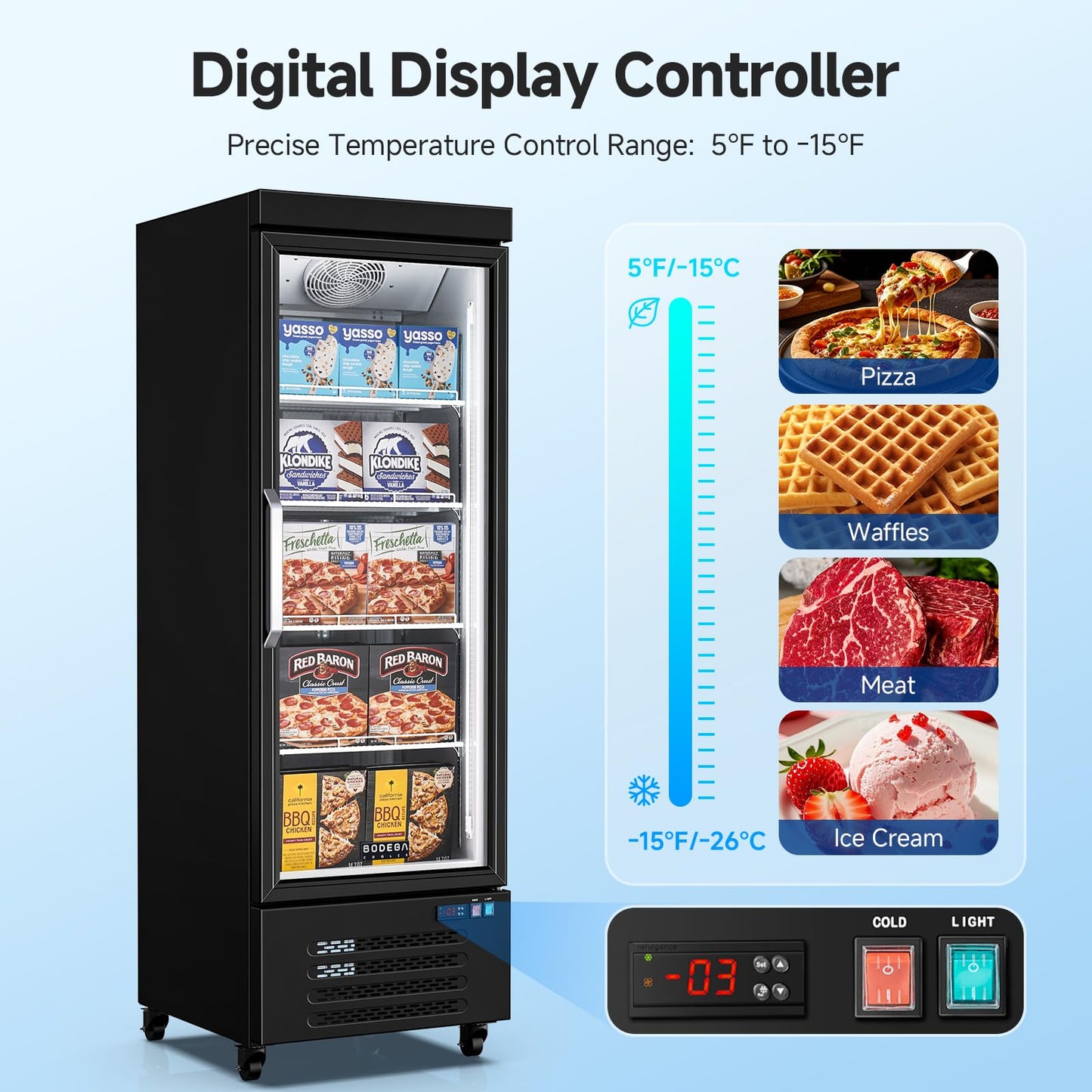 BODEGACOOLER Commercial Freezer Upright, 1 Door Standing Display Freezer With Glass Door, 18 Cu.Ft Large Capacity, -15℉-5℉ Temperature Range, Auto Defrost, For Ice Cream, Frozen Foods