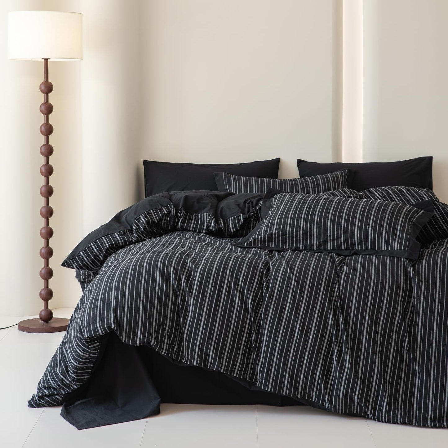 SUSYBAO Pinstripe Duvet Cover Queen 100% Washed Cotton 3 Pieces Set 1 Black Vertical Striped Duvet Cover with Zipper Ties 2 Pillow Shams Classic White Ticking Stripe Bedding Set