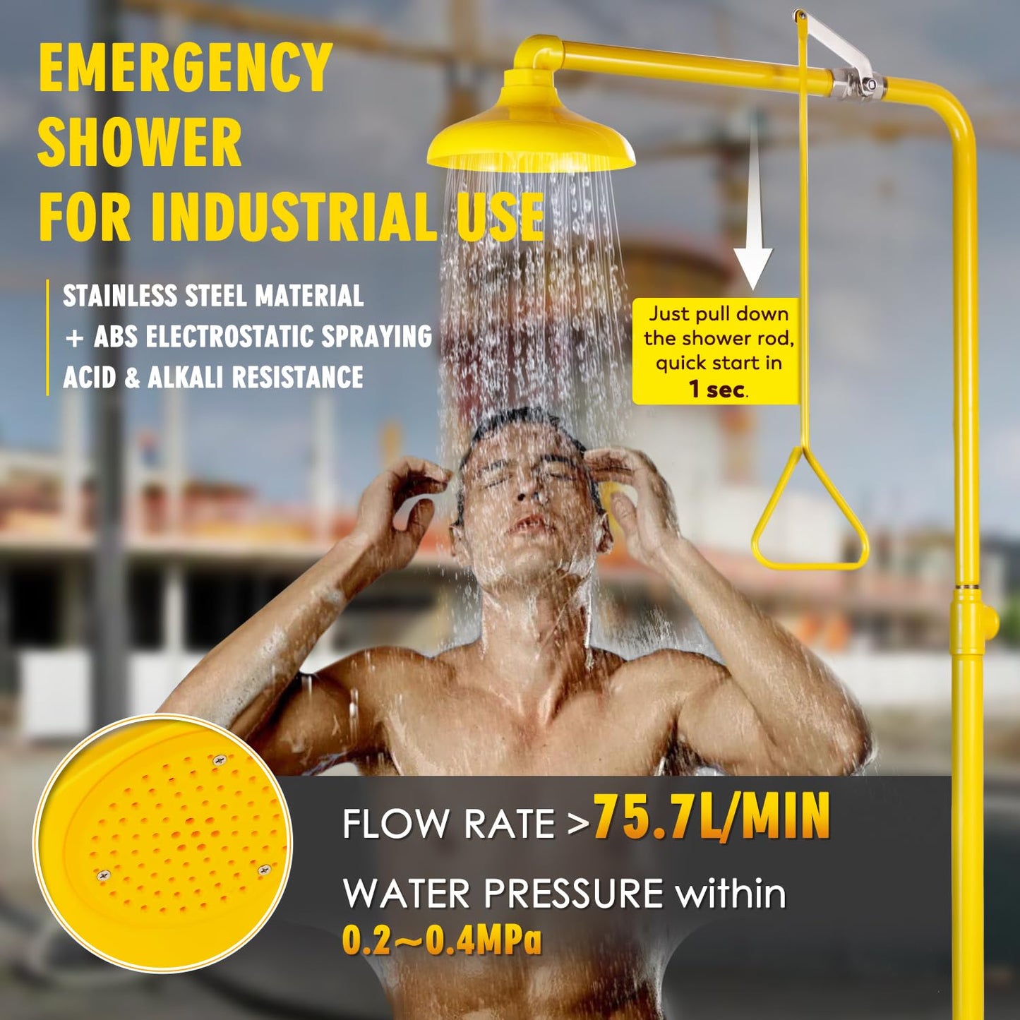 CGOLDENWALL Emergency Shower Eye Wash Station Combination Eye Wash Station with Shower, NPT Thread, with Emergency Sign, 304 Stainless Steel+Yellow Coating