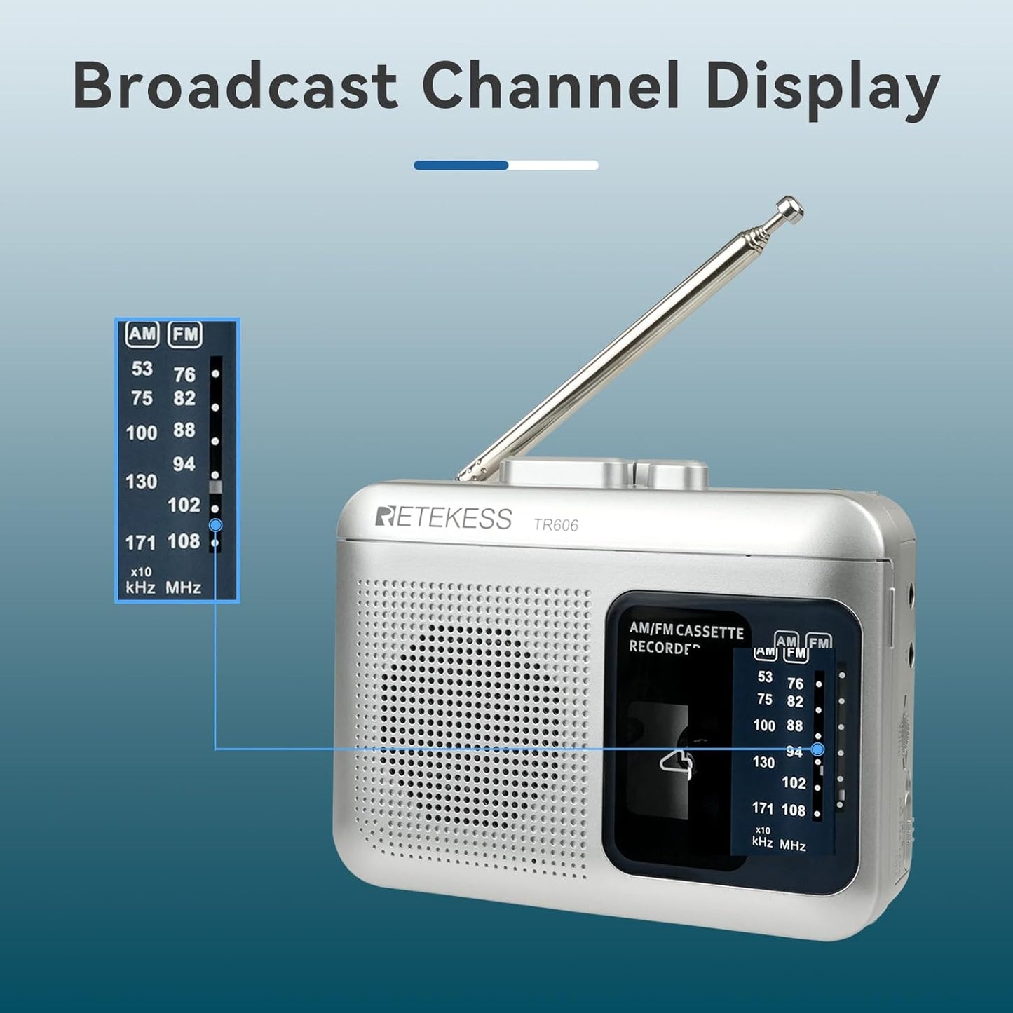 Retekess TR606 Cassette Cassette Tape Recorder Player, AM FM Players, Supports Voice/AUX Line in Record, Powered by DC