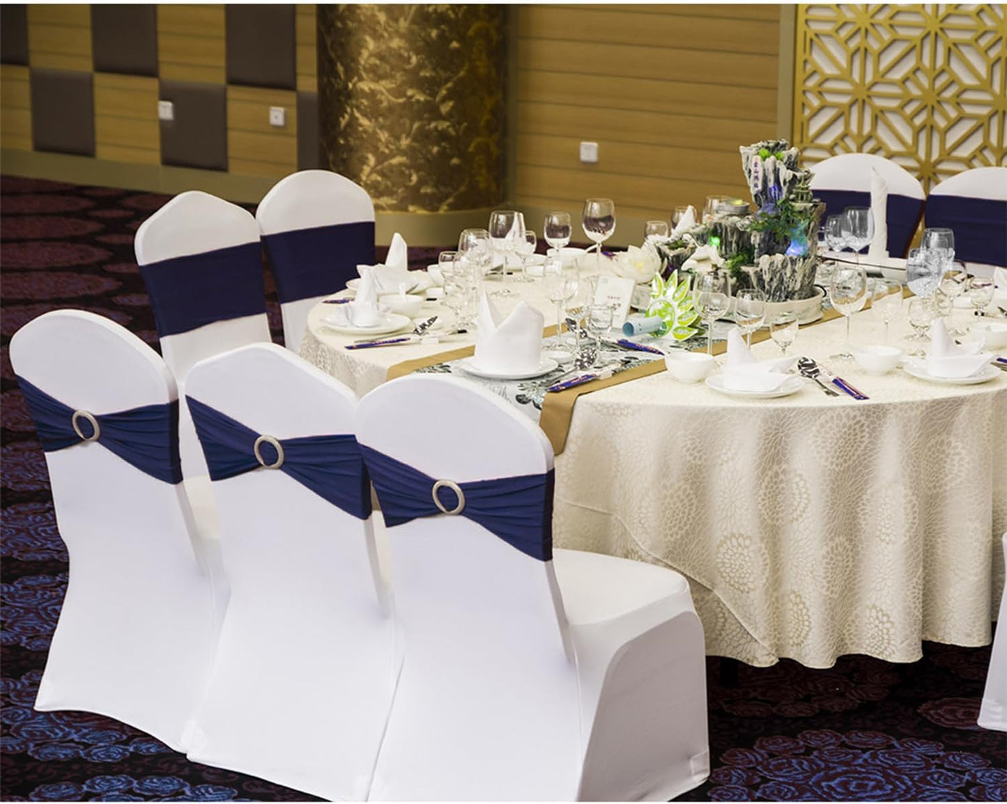 Skiennix Navy Blue Chair Sashes - 100 Pack Spandex Chair Bands with Buckles for Weddings & Events