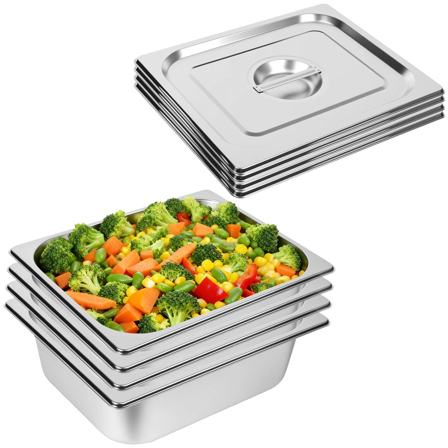 Botyboty 4 Pack 1/2 Half Size Hotel Pans 4 Inch Deep with Lids, Stainless Steel Steam Table Pan Half Size with Lids, Commercial Food Pans for Hotel, Home, Restaurant, Catering, Buffet Pan