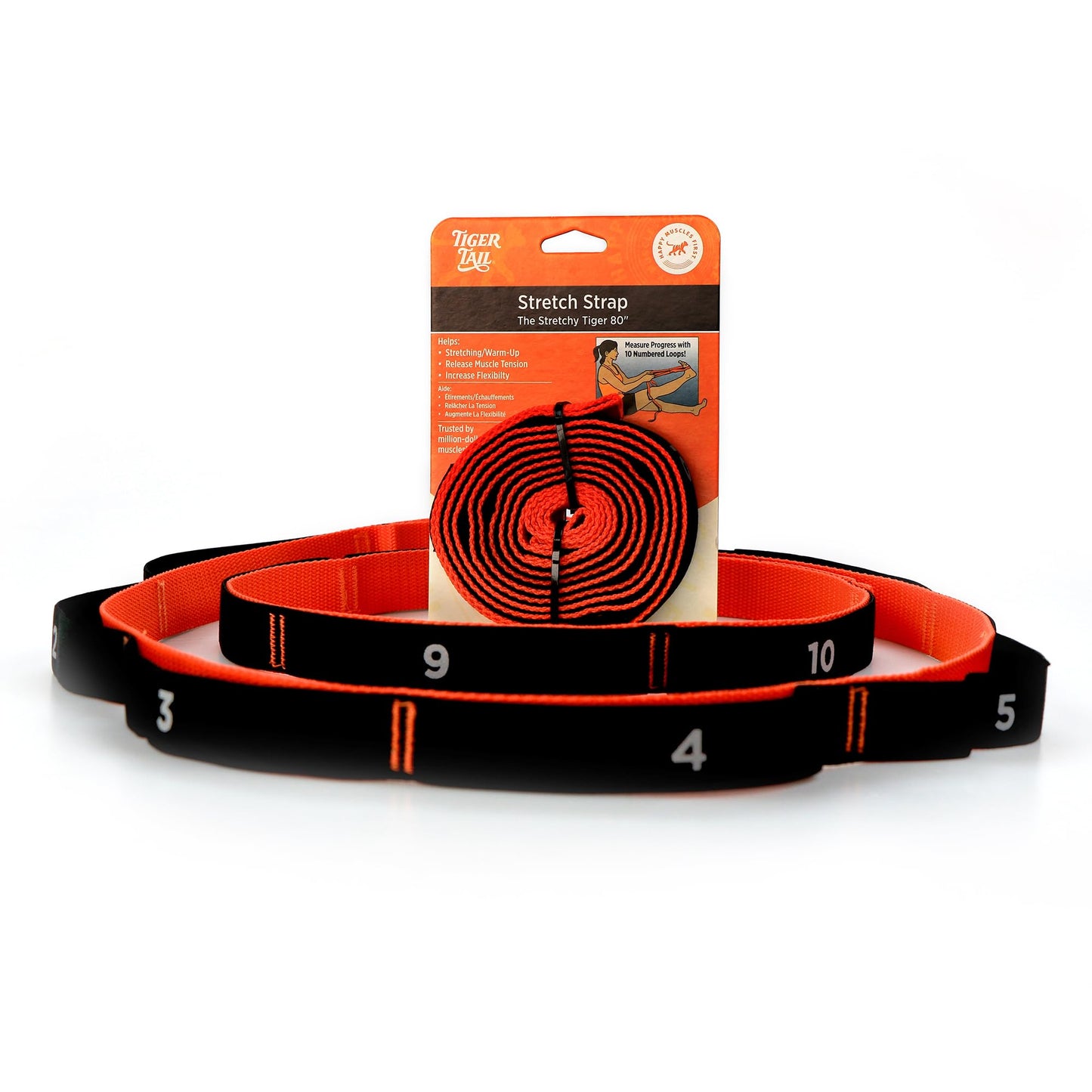Tiger Tail The Stretchy Tiger 80” - Stretch/Yoga Strap with 10 Numbered Loops for Yoga, Physical Therapy, Pilates, & Exercise, Stretching Strap with Loop