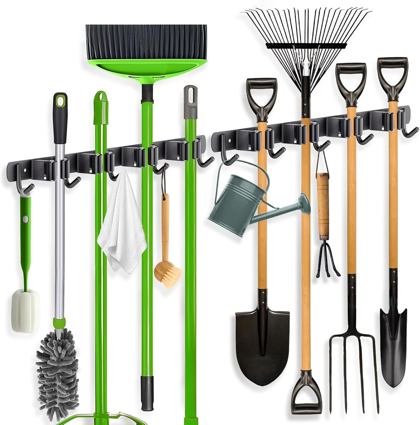 ZONGOOL Broom Holder Wall Mount - Heavy Duty 2 Pack Organizer with 4 Racks & 5 Hooks | Black