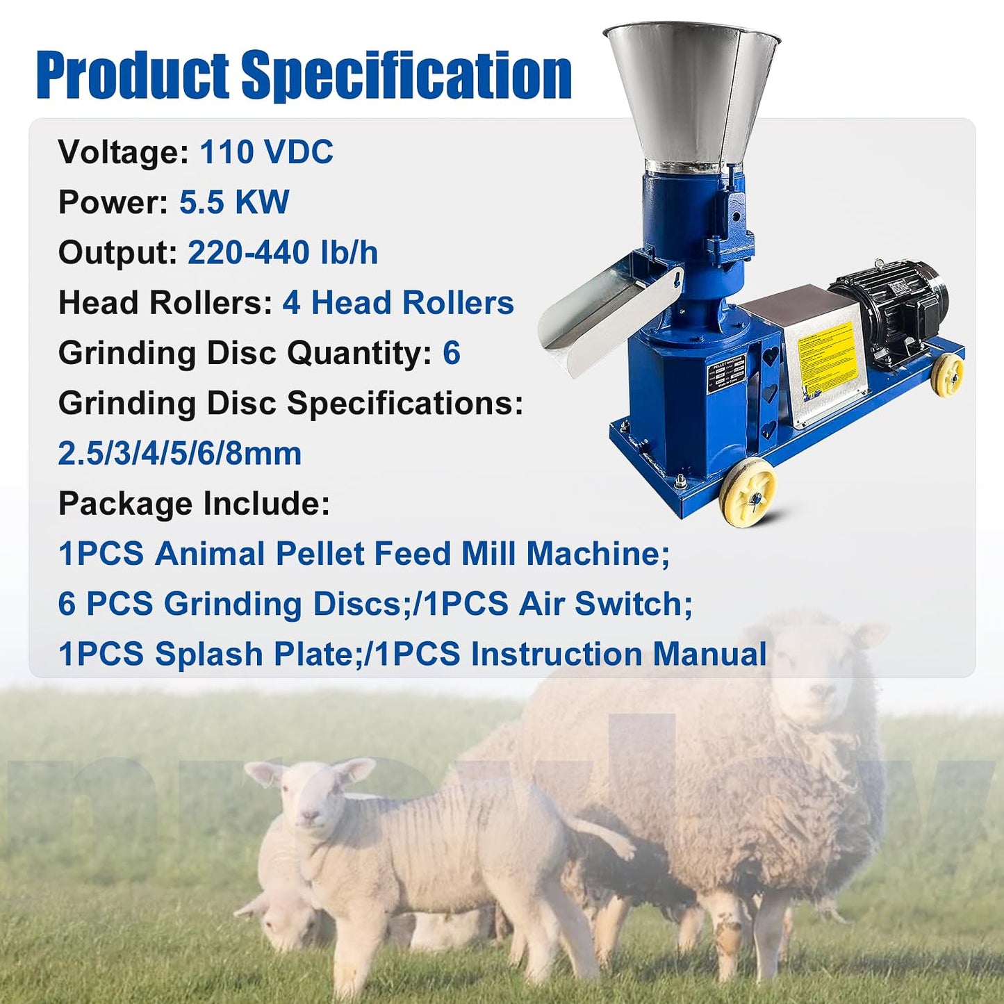 ProXlex 110V 5.5KW Feed Pellet Machine 4-Roller 6 Dies 440lb/h