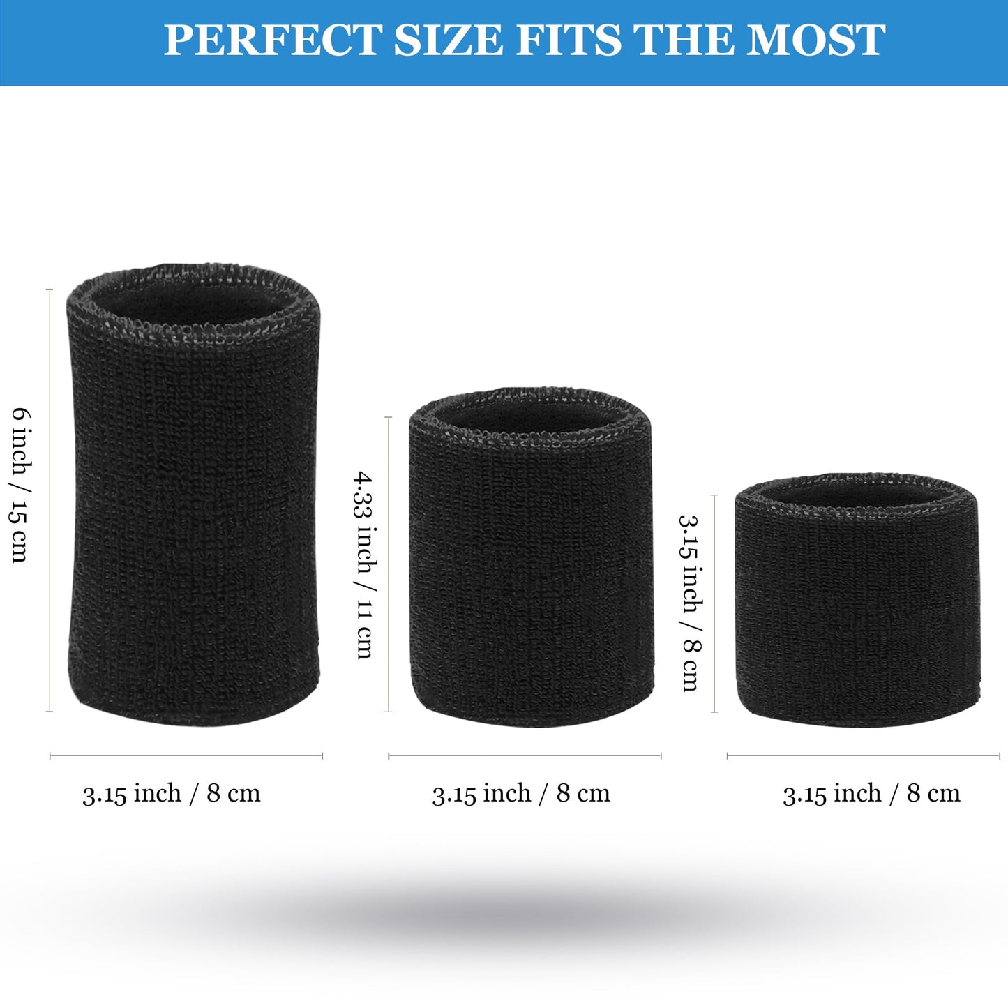 6 Pieces Multi-Sizes Sweatbands Sports Wristband for Men Women Moisture Wicking Tennis Wrist Bands Athletic Cotton Terry Cloth Sweatband for Pickleball,Basketball,Running,Gym,Working Out -Black