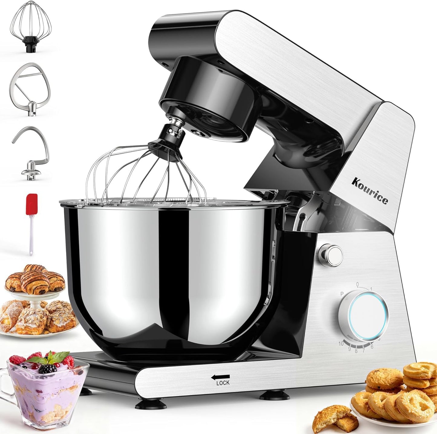 Kourice 6.5QT Tilt-Head Stand Mixer, Heavy Duty Pro 10-Speed Electric Mixer, Stainless Steel Cladding & Bowl with Dough Hook, Wire Whisk and Flat Beater for Home Baking, Bread, Cake, Pizza Dough