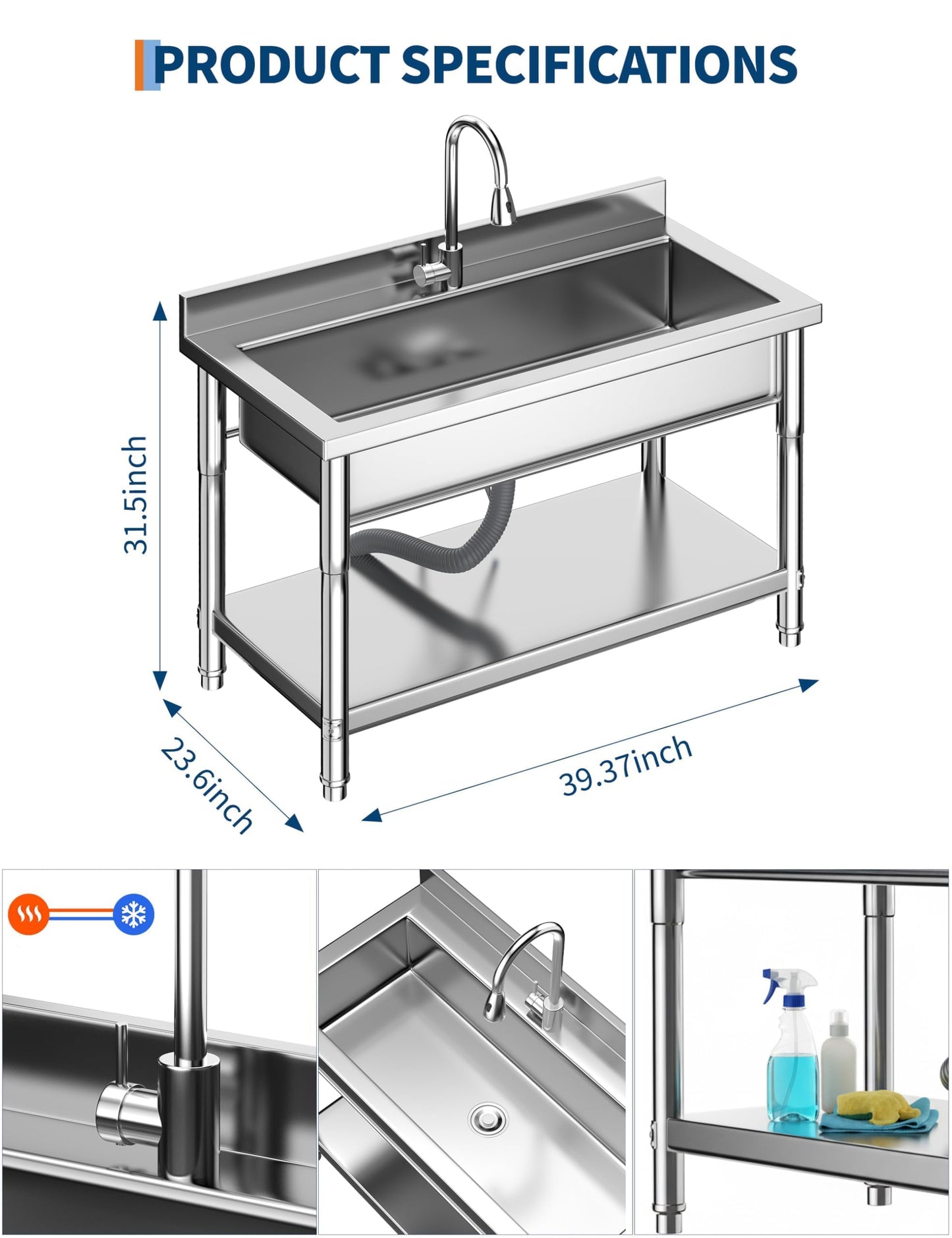 GarveeTech 39.4" Commercial Stainless Steel Utility Sink – Free Standing Single Bowl with Hot/Cold Water Pipe for Kitchen, Laundry Room, Garage, Restaurant | Heavy-Duty Sink Station