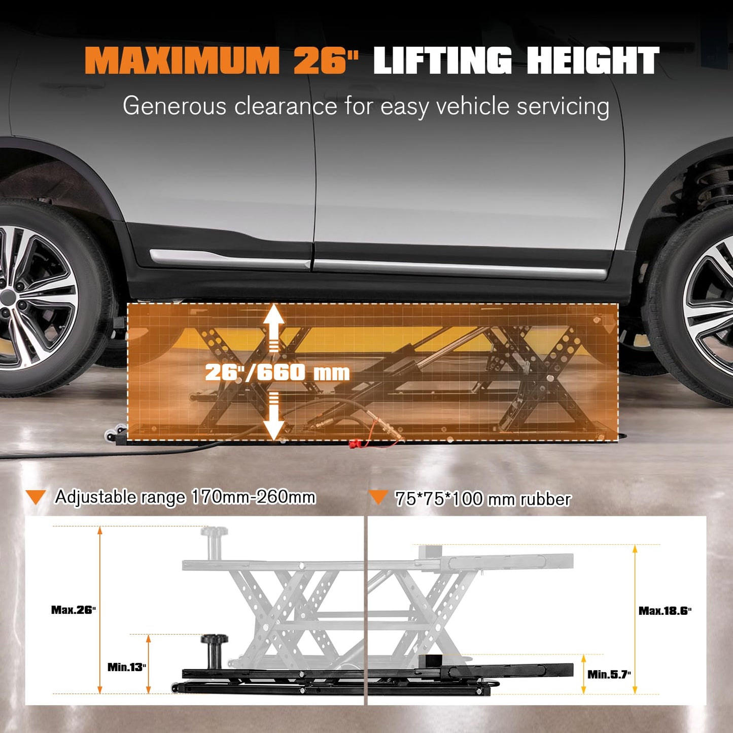 Albott 5000 LBS Portable Car Lift, Adjustable Quick Jack with 26" Max Height, Locking Levers, 25–30s Fast Cycle, Scissor Lift for Sedans in Garage or Shop, Foldable Design & Wheels, Black
