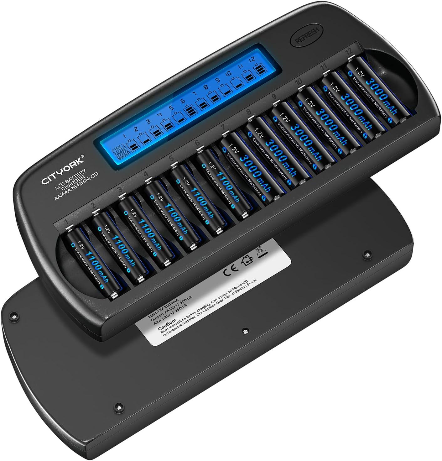 CITYORK 12 1.2V Bay AA AAA Battery Charger with Refresh Function, Smart LCD Display Battery Charger for Ni-MH/Ni-CD AA
