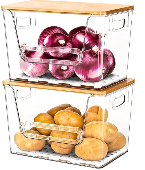 2 Set Pantry organizers and Storage,Trash Bag Holder Under sink Organizer for 4-13 Gal Bags,Trash Bag Dispenser with Bamboo Lids and Stackable Clear Bins for Potato, Onion, Garlic, Fruit, Vegetables