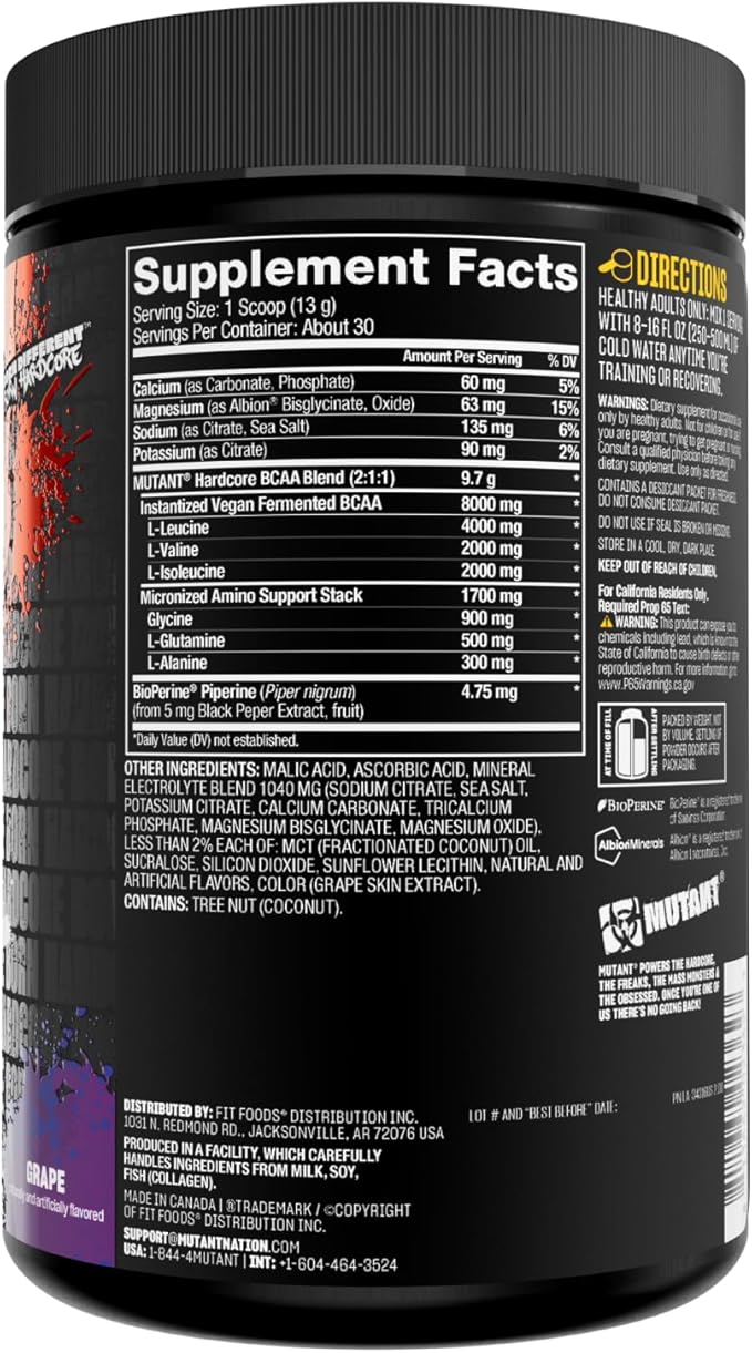 Mutant Hardcore BCAA - Pre, Intra or Post Workout ??BCAA Next Level branched-Chain Amino Acids Supplement ??Hydration + Recovery - 30 Serving - Grape