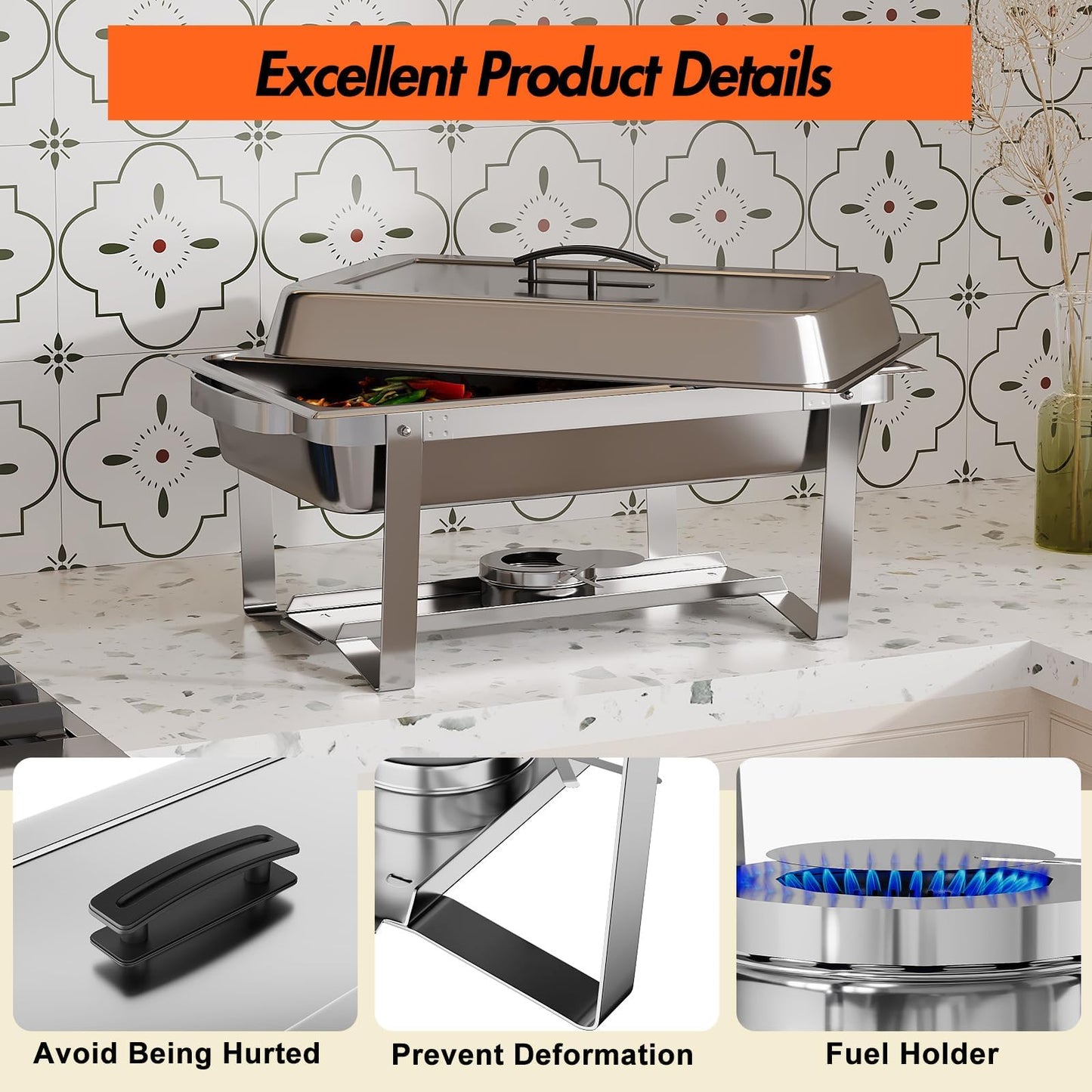 IDEALHOUSE 4-Pack Buffet Chafer Set, Thickened Stainless Steel Food Warmer, 8QT Rectangle Chafing Dishes with Lids & Foldable Frame for Catering & Large Events