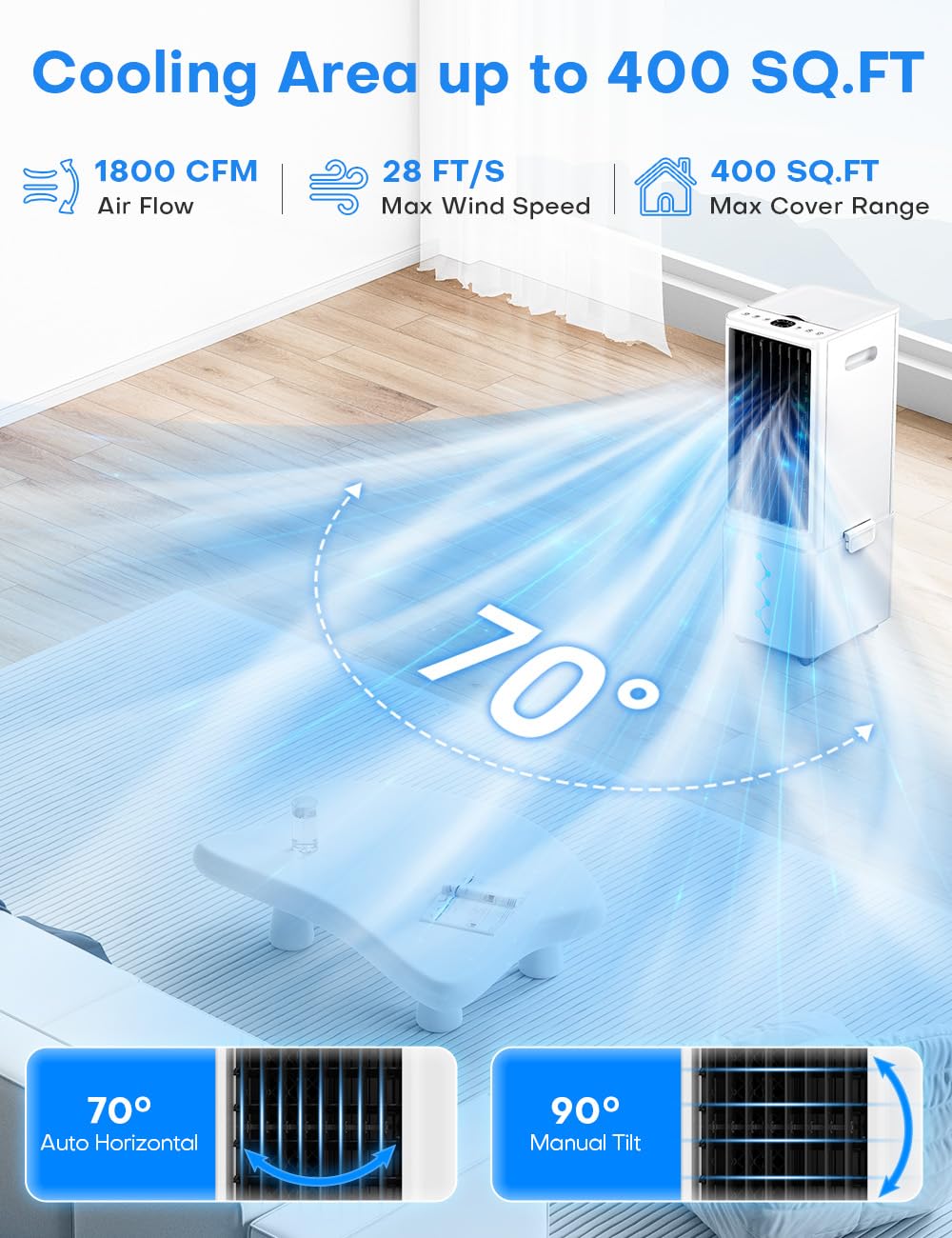 COOLECH Windowless Air Conditioner w/4 Mode&3 Speed, Waterless Alert, 2.4-Gal Tank for 24H Cooling, 12H Timer,20FT Remote, 70° Auto Swing Evaporative Air Cooler, Portable Air Conditioners for Bedrooms