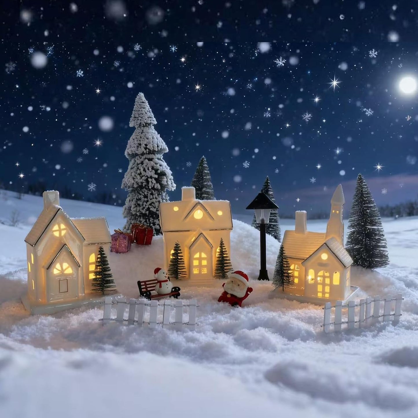 Skiennix White Ceramic Christmas Village Houses Set - 3 Light-Up Figurines with 4 Trees for Holiday Decor