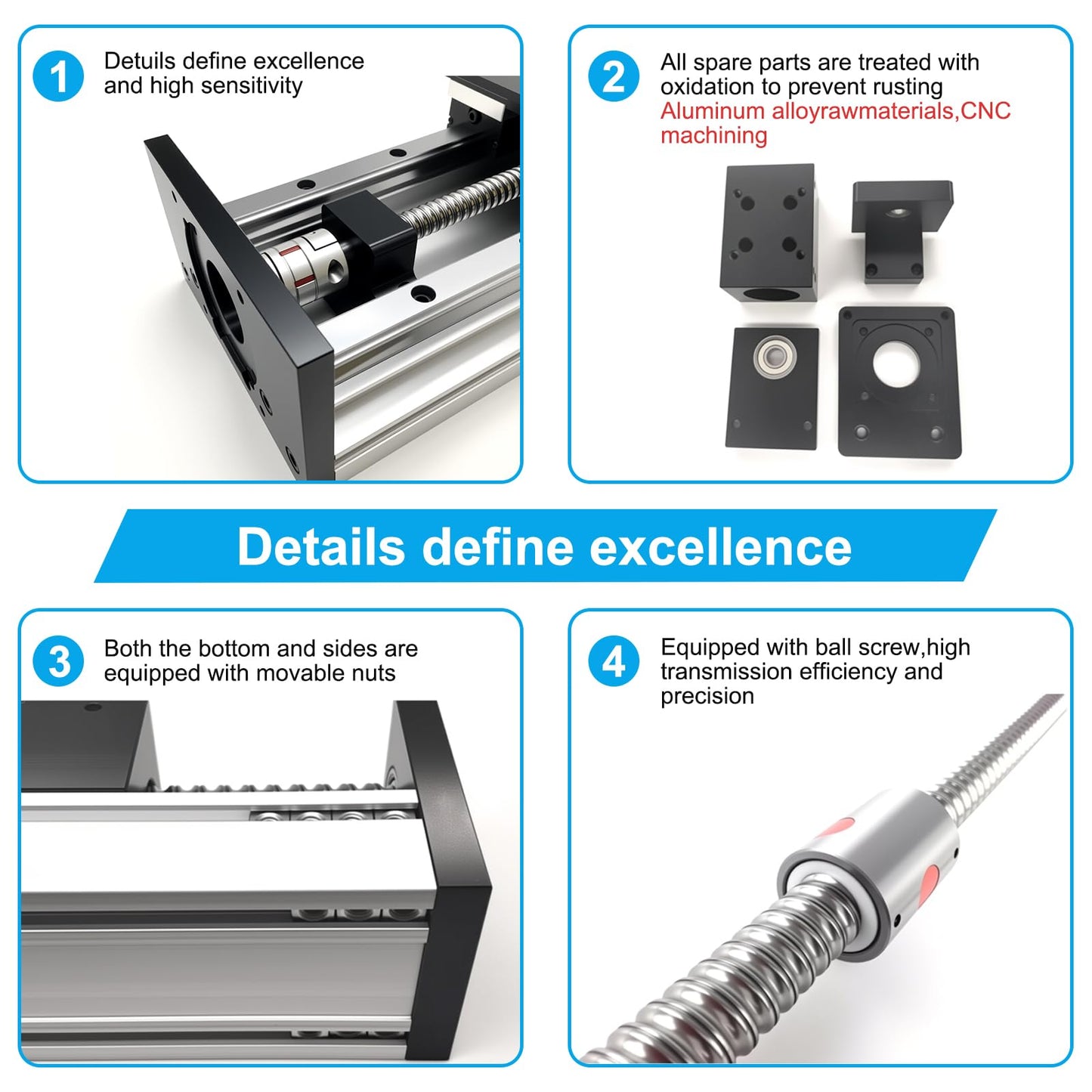Electric Linear Stage Heavy Duty Load 550 lb 250KG Ballscrew 2005 Double Rail Guide Four Slide 8 Inch 200mm Stroke Slide Stage Compatible Nema23 57mm NEMA34 86mm Stepper Motor for CNC Router