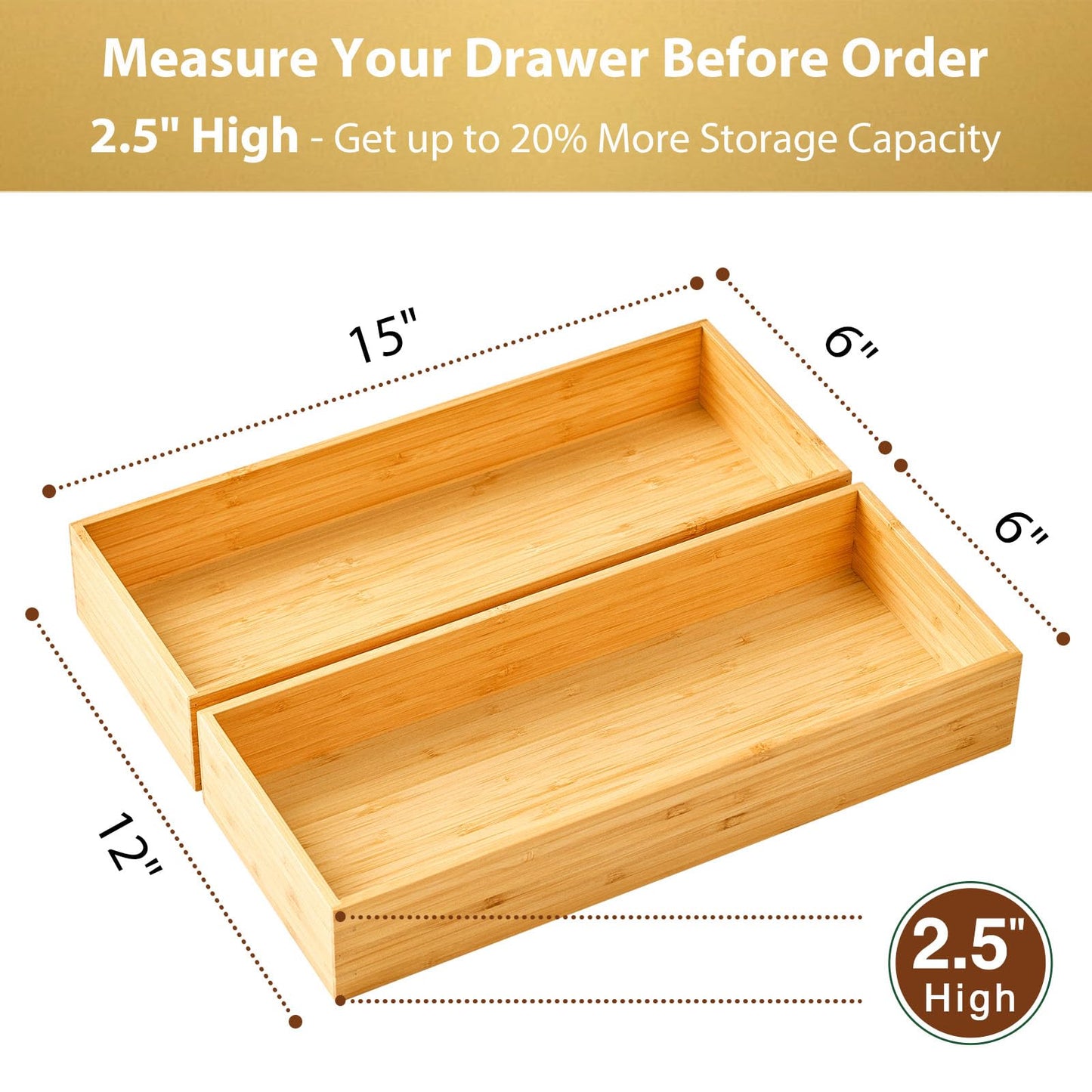 Umilife Bamboo Kitchen Utensils Organizer, Extra High Silverware Drawer Tray, Flatware Cutlery Storage Box, Multi-Use Holder in Office, Bathroom, Pantry - 15"x6"x2.5" (Set of 2)