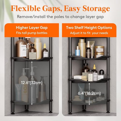 Lifewit Shower Caddy - 4-Tier Rustproof Corner Rack with Adjustable Feet & Hooks | Black, 34 x 24 x 107 cm