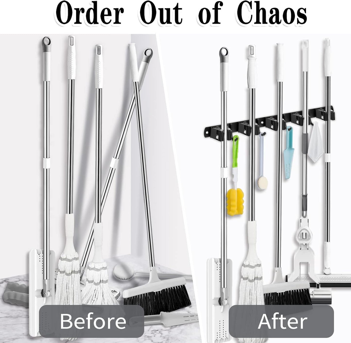 AceMining Broom Holder - 2 Pack Wall Mount Organizer with 5 Racks & 4 Heavy-Duty Hooks | Black Stainless Steel