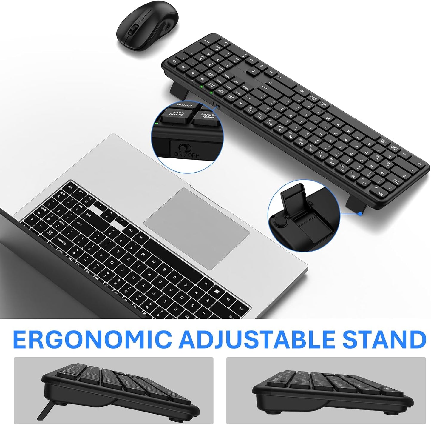 EAYBLLY 2.4G Set Wireless Keyboard and Mouse Combo, Full-Size Silent Ergonomic Keyboard and Mouse, Sleep Mode, Long