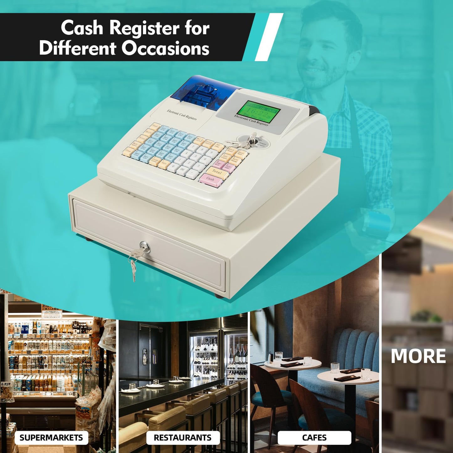 Rocoreny Commercial Electronic Cash Register with LED Display and Thermal Printer Function,48 Keyboard,Stainless Steel Drawer Coin Slot Multifunctional Cash Register for Shop (White, 48 Keyboard)